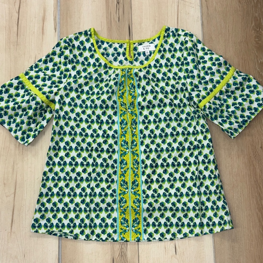 crown & ivy Green and Yellow Printed Short Sleeve Blouse
